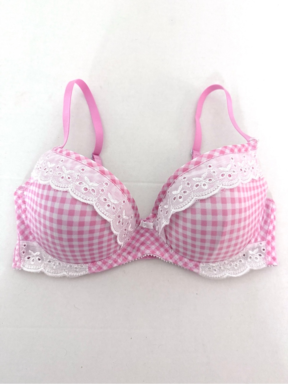 Black Fuchsia by Secret Lace Pink Gingham Eyelet Lace Bra Coquette Cottagecore
